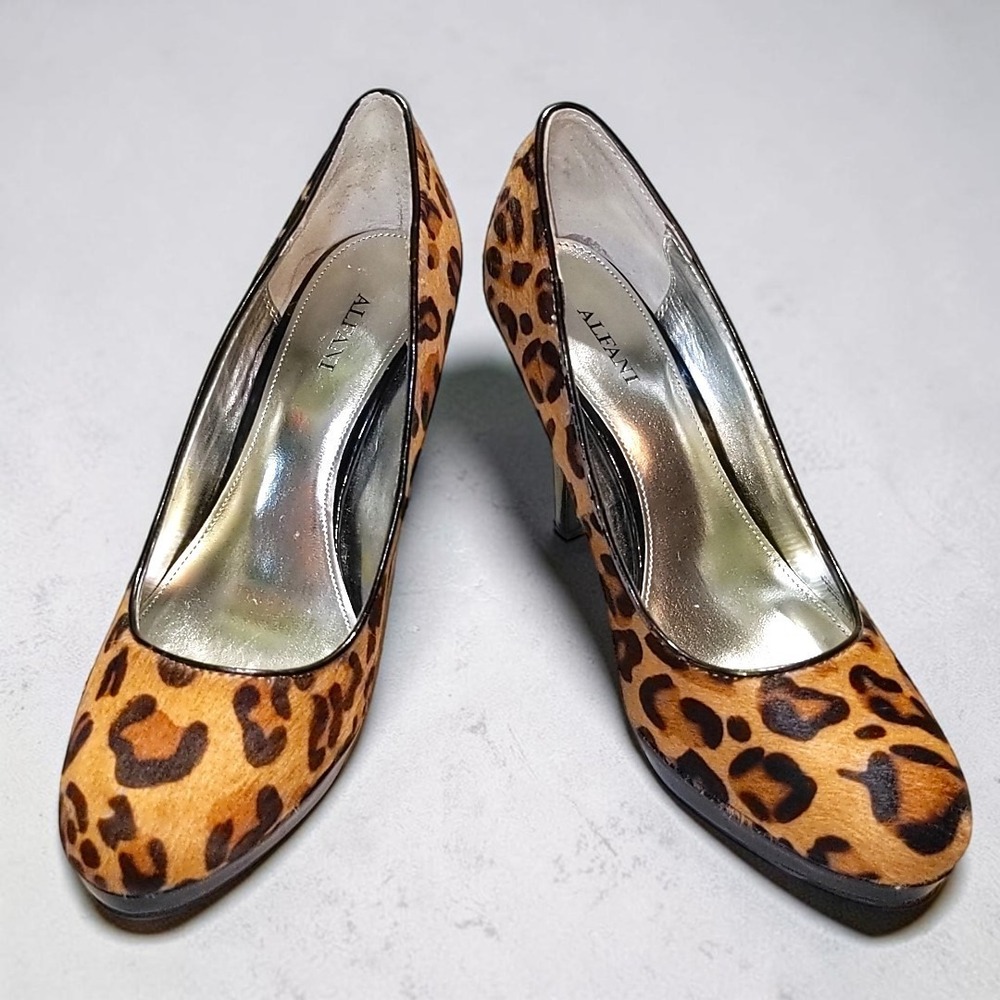Alfani Maddy Leopard Calf Hair Pumps 8.5M Women Heels Platform Cow Fur Stiletto